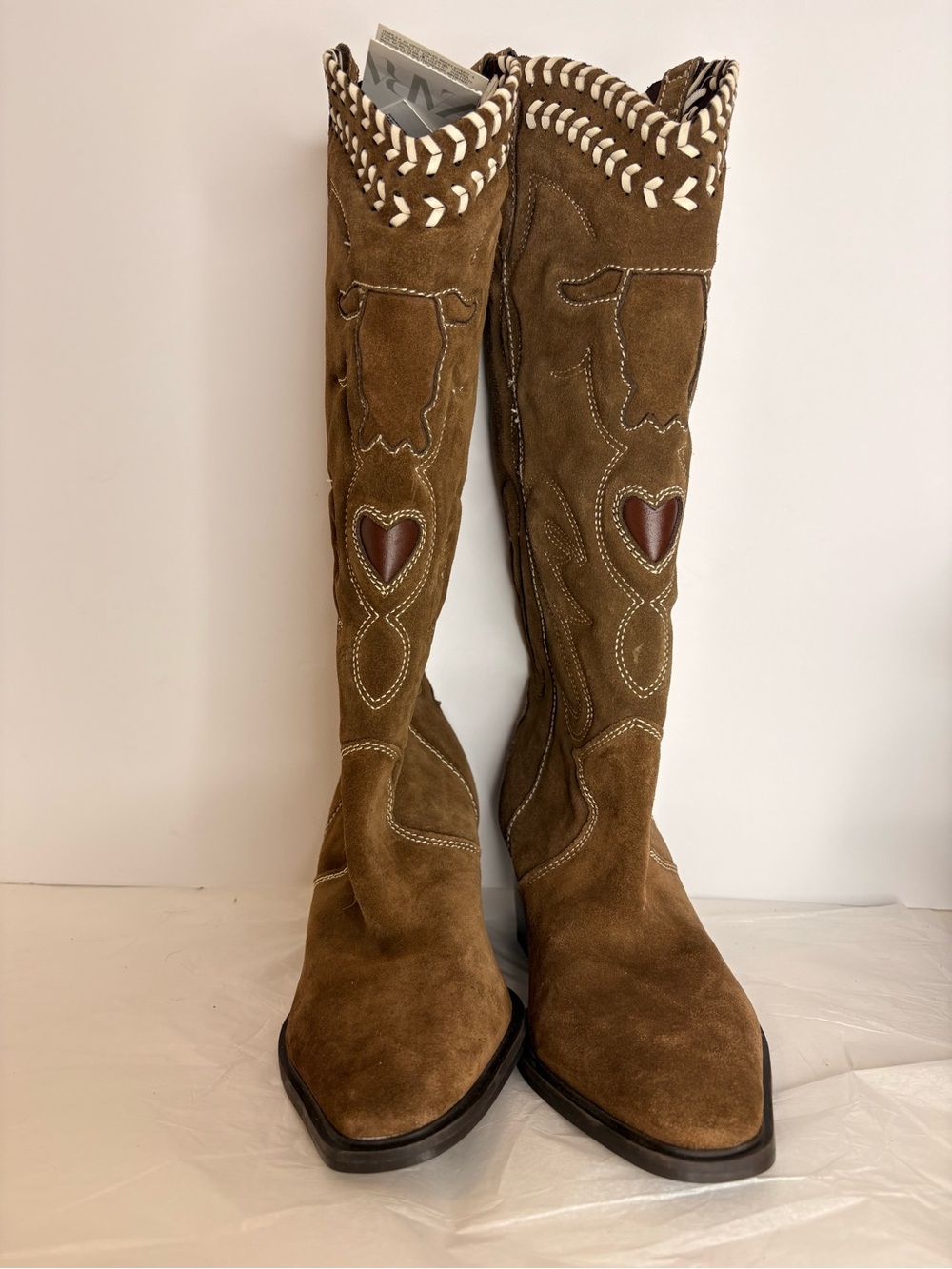Zara Brown Suede Western Boots with quilted western Heart Detail - Picture 3 of 13